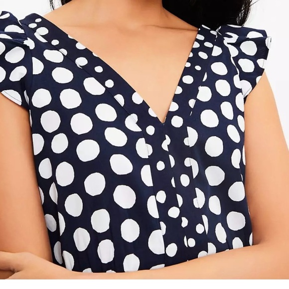 LOFT Size XXSP Navy Blue White Dotted Flutter Sleeve V Neck Midi Dress Tiered - Picture 5 of 7
